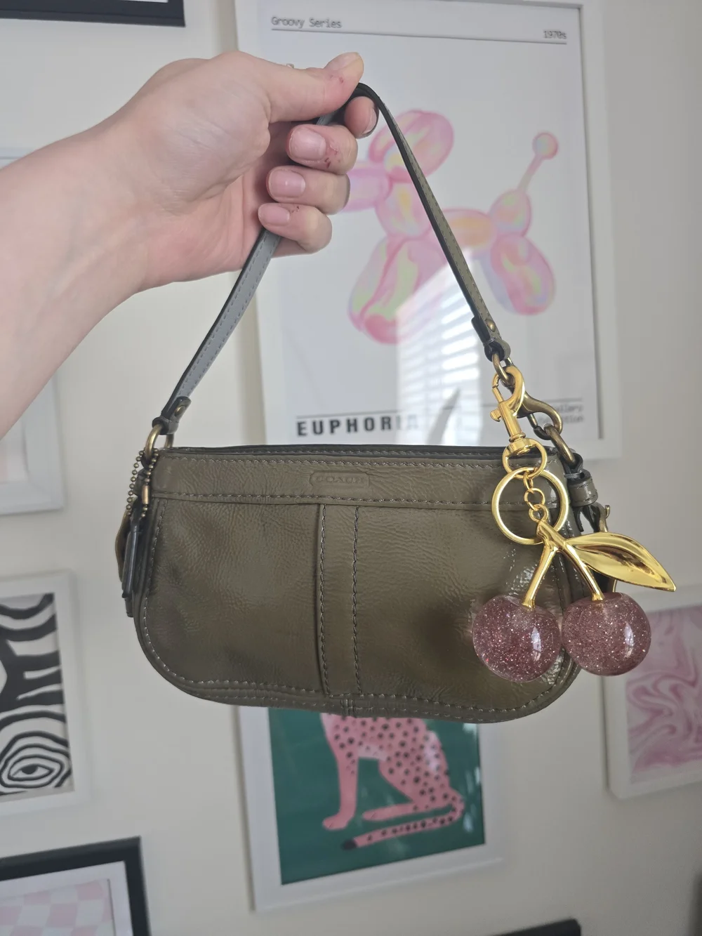 Authentic Coach Zoe Y2K Olive Green Mini Bag W/Cherry Charm